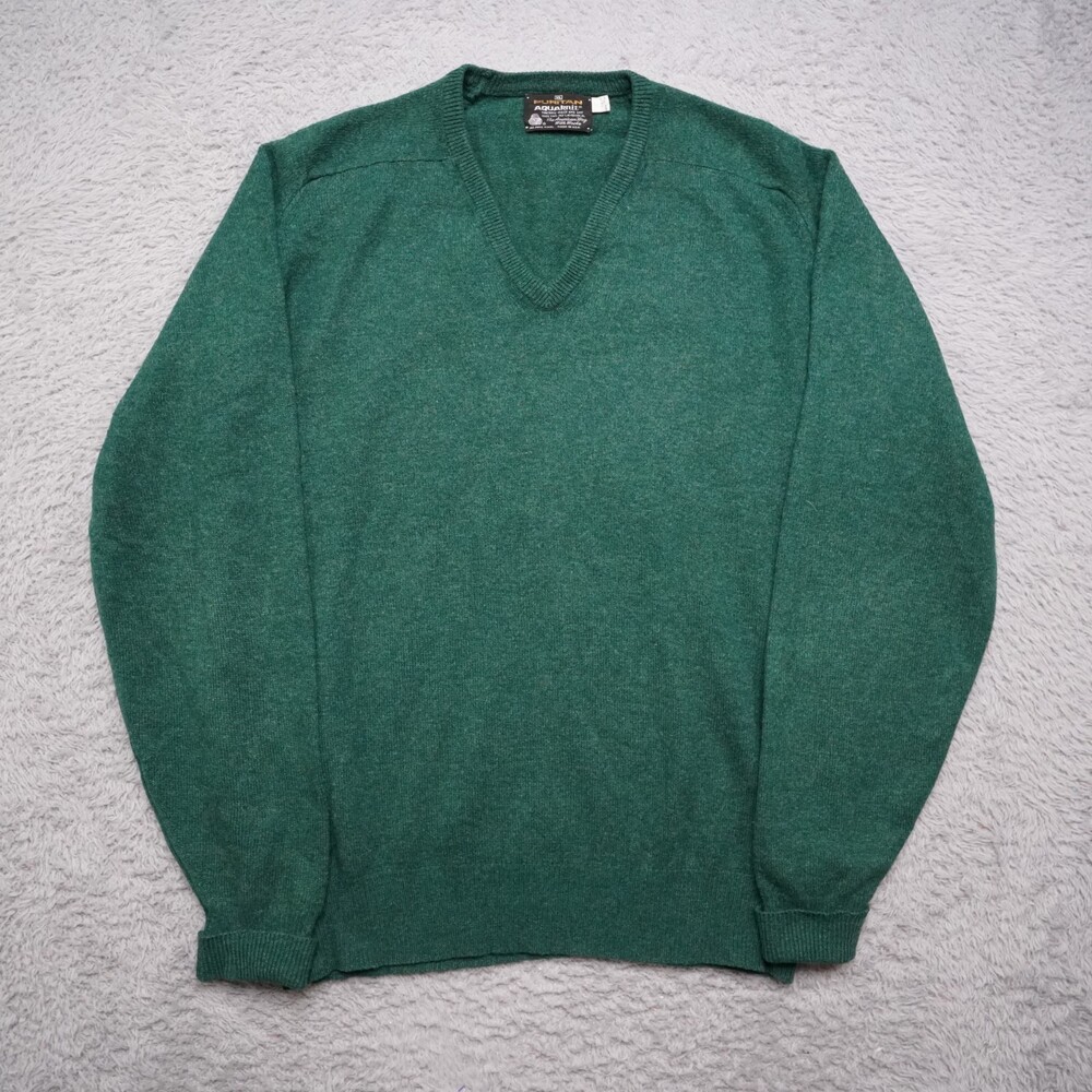 Vintage V-Neck Wool Sweater Mens XLT Long Green Puritan Aquaknit USA Made EUC